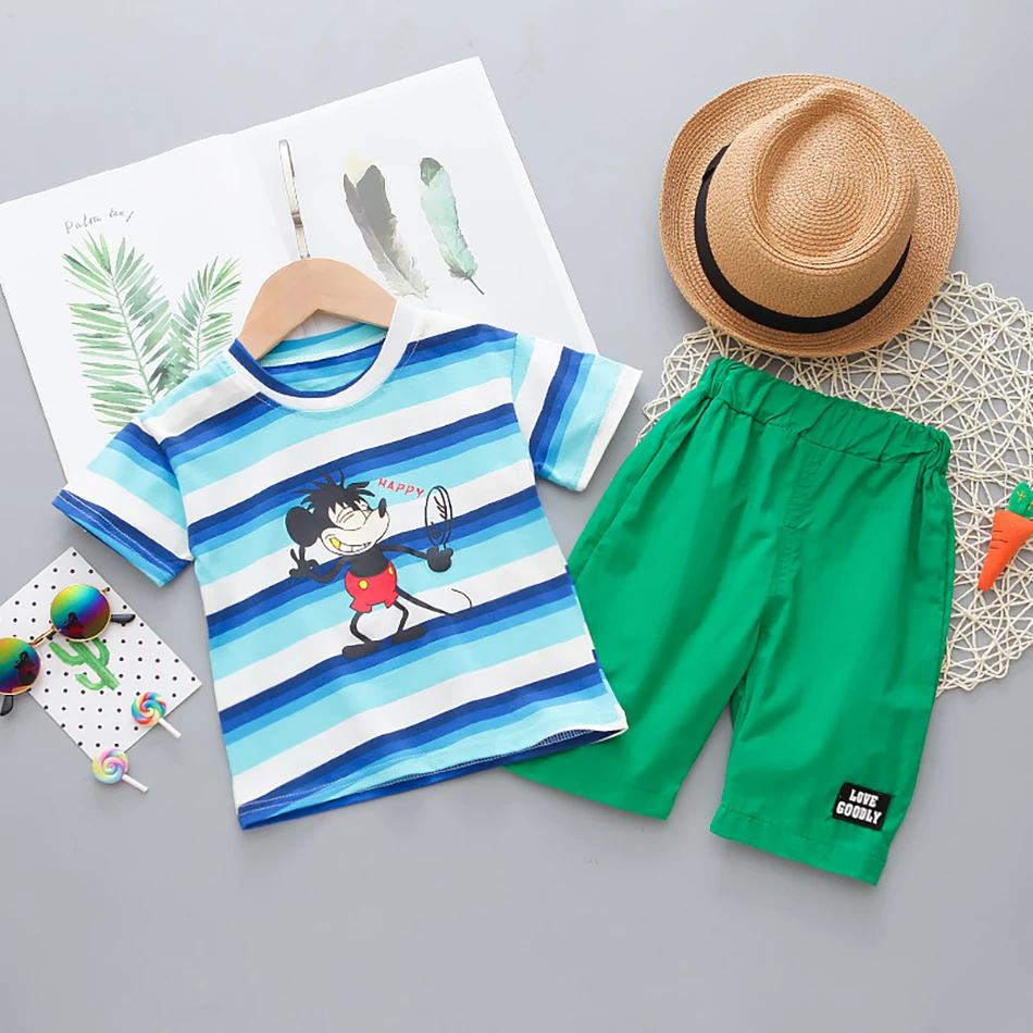 

New Baby Boys Clothes Mickey Mouse Cartoon Pattern Short-Sleeve Suit Blue Striped T-shirt Shorts Summer Children's Clothing Sets
