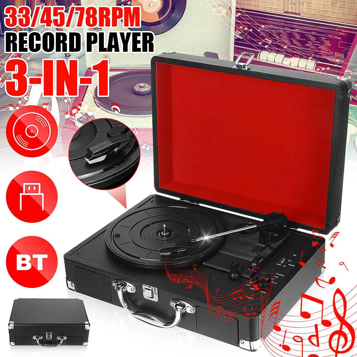 

Retro Phonograph Turntable Portable Suitcase Record Player 3 Speed Aux in MP3 Record-Player With Speaker 33/45/78 RPM bluetooth