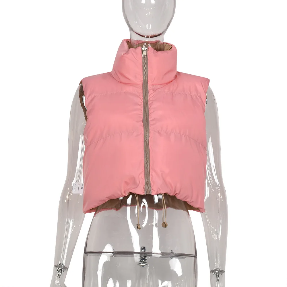 Fashion Winter Pink Vest Jackets Solid Color Warm Cotton Coat Stand Collar Zipper Double-sided Jacket Women Parkas Streetwear