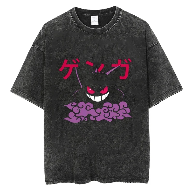 

Hip Hop Streetwear Men Washed T Shirt Unisex Black Vintage Anime Pokemon Gengar Print Tops Cotton Tops Tees Summer Tshirt