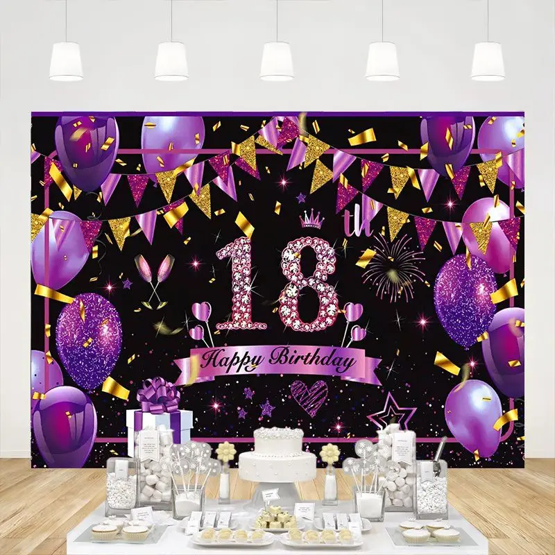 

Happy 18th Birthday Decorations Banner Purple Black Gold Backdrop Background Girls 18th Anniversary Party Photo Booth Props