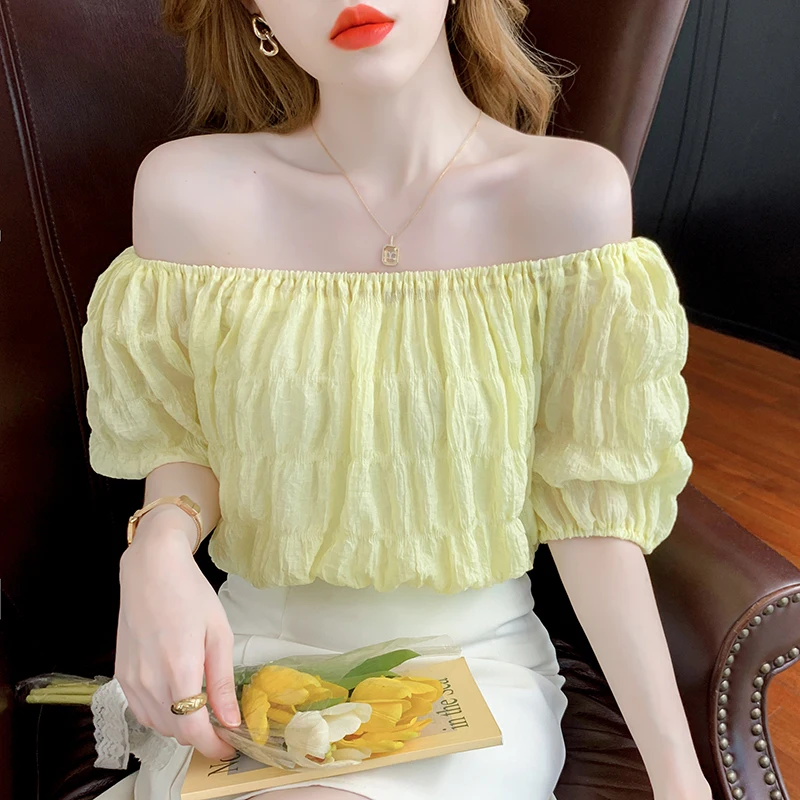 

Женская винтажная блузка с коротким рукавом, белая или желтая Однотонная рубашка с коротким рукавом, лето 2022