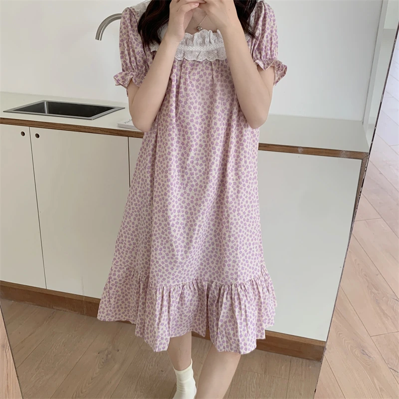 

Lacework Short Sleeve Summer Sleepdress Floral Print Nightdress Homewear Mini Dress Ruffles Women Cute Princess Nightgown D200
