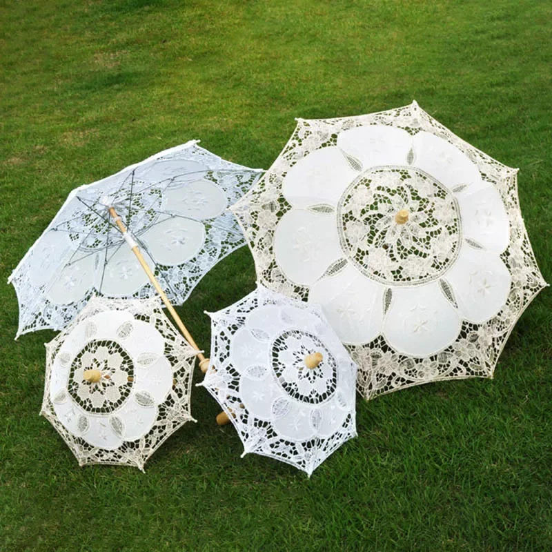 

NEW Long Handle Large 1Pcs Parasol Umbrella White/Beige Wooden Wedding Parasol Decoration Lace Embroidery Pattern Manual Silk Wo