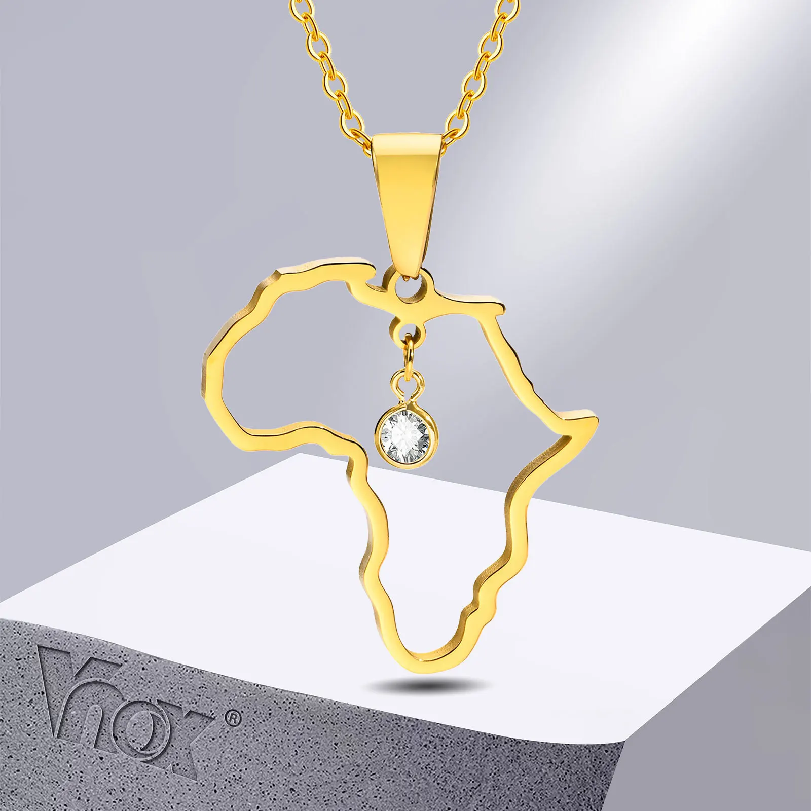 

Vnox African Map Necklaces for Women, Gold Plated Stainless Steel Pendant with CZ Stone Elephant Animal Charm