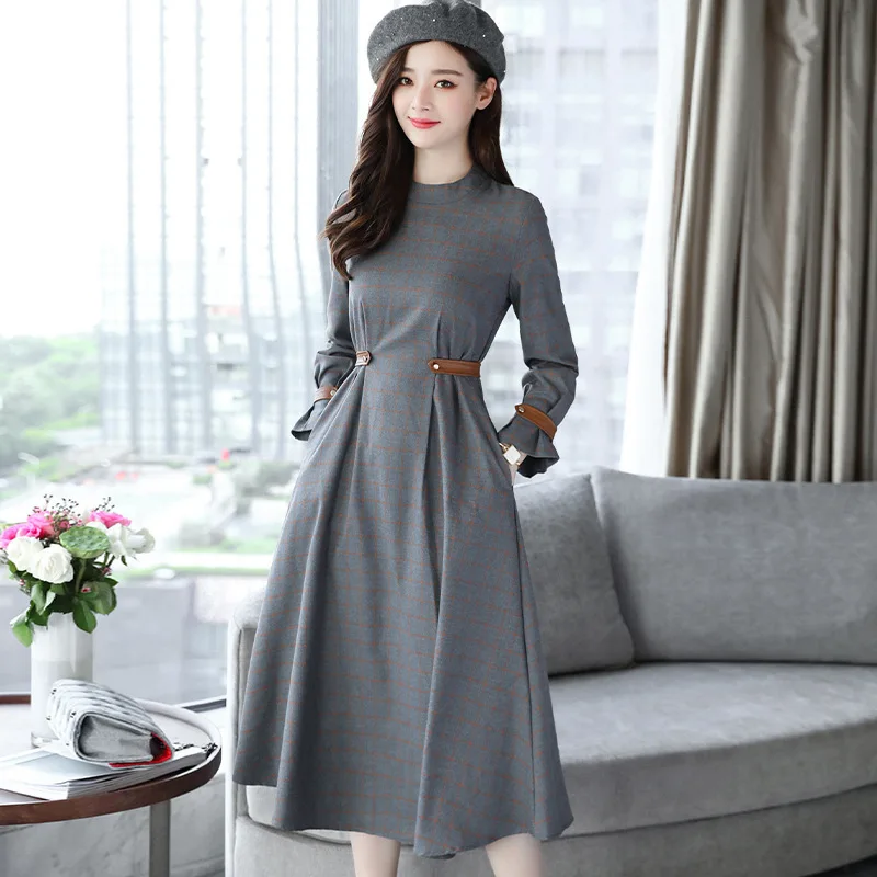 

Fashin Casual England Office Worker Dress Women Long Sleeves Spring Autumn Clothing Newest Collect Waist Slim Long Dresses Femme
