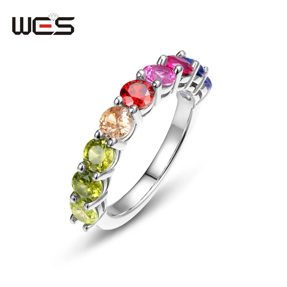 

WES 925 Sterling Silver Rings for Women Rainbow Crystal Colorful Zicron 4*4mm Trendy Fine Jewelry Gifts Party Wedding Engagement