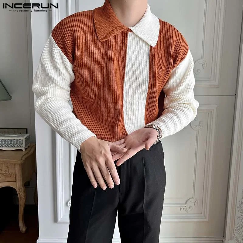

Fashion Casual Style Tops INCERUN Men Contrast Knitting Pullovers Leisure Personality Male Long-sleeved Lapel Sweater S-5XL 2023