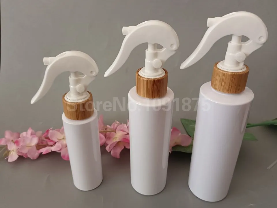 

10pcs 100ml 200ml 250ml 500ml White Plastic Bottle With Bamboo Trigger Sprayer Mist Spray Bottle Cosmetic Pet Bottle