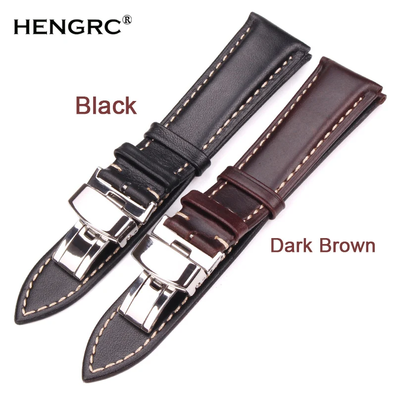 18-24mm Women Men Vintage Smooth Watch Band Strap Dark Brown Genuine Leather Bracelet Metal Butterfly Deployment Clasp Buckle