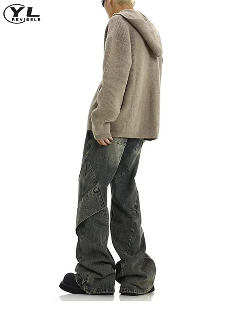 Джинсы мужские Асимметричные в стиле пэчворк винтажные прямые джинсовые брюки