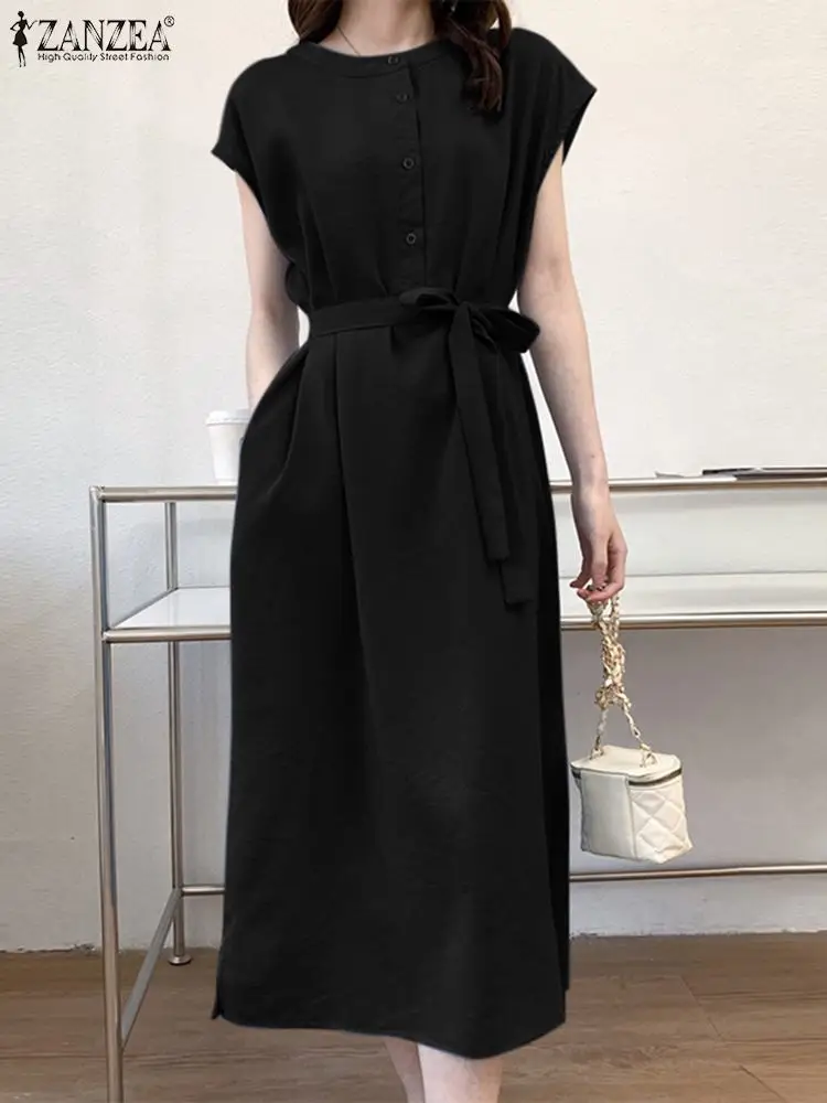 

Платье ZANZEA до середины икры, элегантное дамское однотонное платье с поясом, коротким рукавом и круглым вырезом, винтажный Повседневный офис...