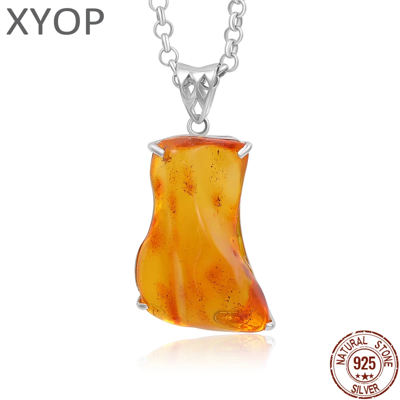 

XYOP Natural Insect Amber 925 Sterling Silver Pendant Irregular Shape Ambers Pendant Original Stone Charms Necklace Lucky Gifts