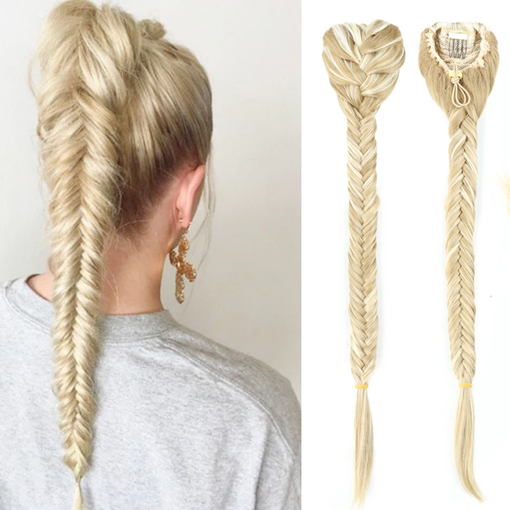 Длинные прямые синтетические волосы 20 дюймов, наращивание, плетеный рыбий хвост, хвост со шнурком, волосы для конского хвоста, блонд Омбре для белых женщин