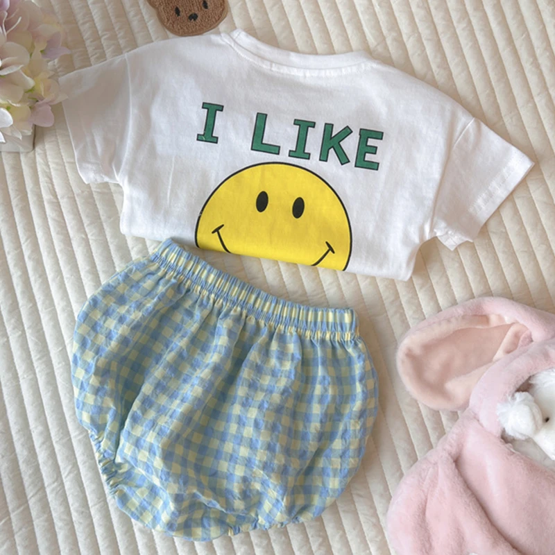 

Toddler Baby Girl Clothing Sets Summer Smiley Letter Print T-shirt + Plaid Shorts Suit for Infant Cotton Kids Clothes Boys 6-36M