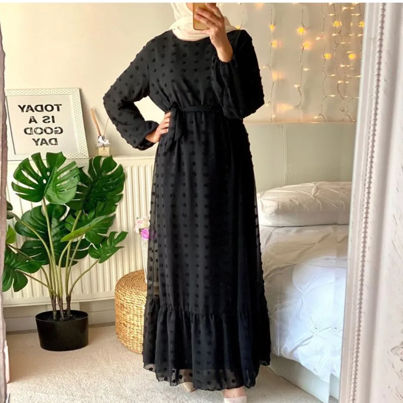 Vestidos De Verano Para Mujer Middle East Muslim Robe Arabesque Elegant Women's Dress Lace Up Slim Casual Chiffon Dress 2XL