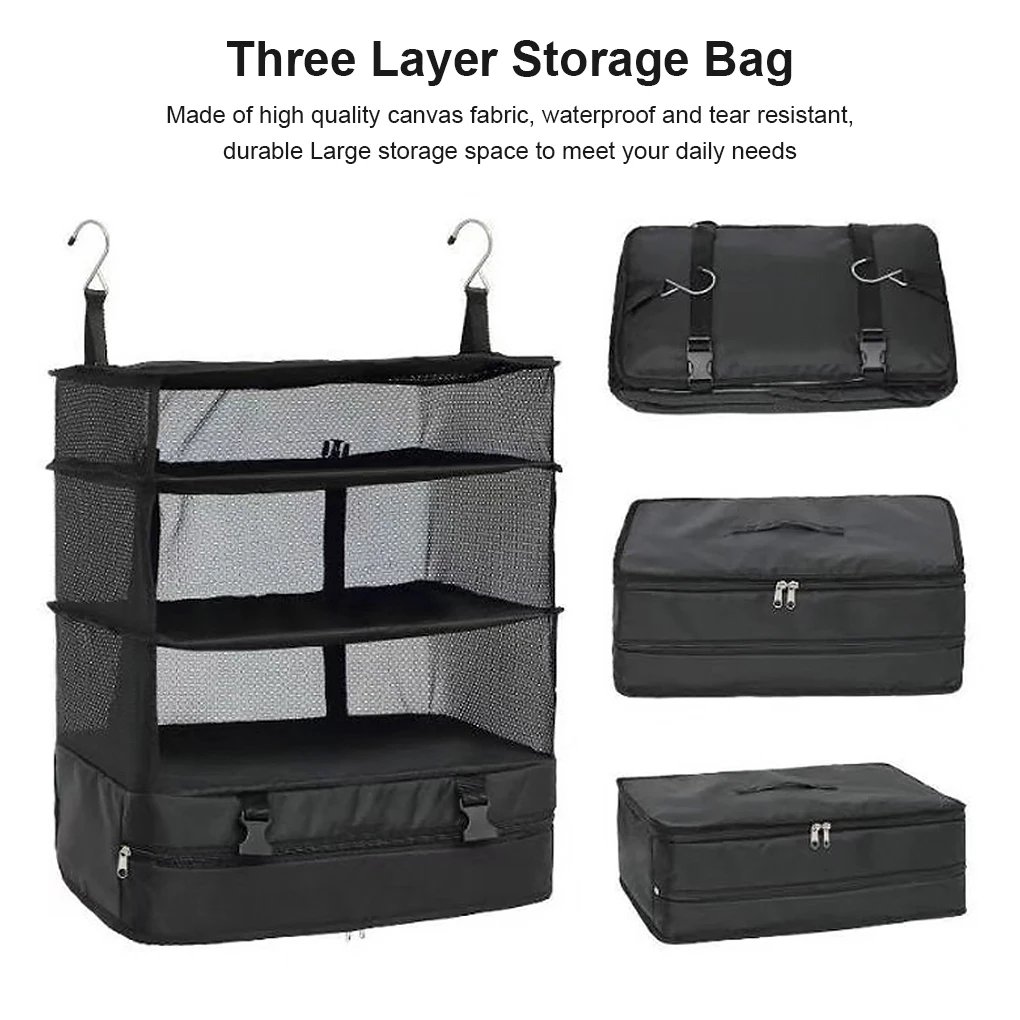 

Outdoor Storage Mesh Bag Waterproof Foldable Portable 3 Layers 2 Hooks Zipper Pocket Hanging Camping Clothes Package