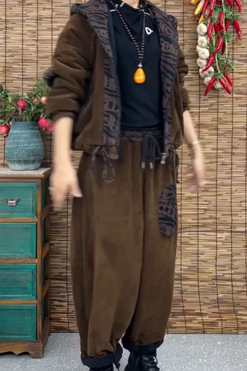 Осень-зима 2024 вельветовый комплект с капюшоном женская свободная утягивающая