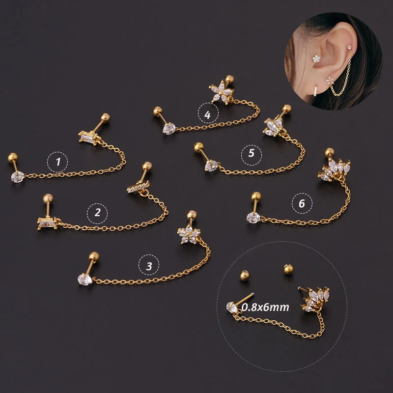 2Pcs 20G 0.8mm Stainless Steel Flower Crown Double Hole Chains Cartilage Srecw Back Stud Earring Ear Helix Piercing Jewelry