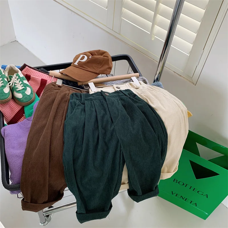 Spring Autumn Kids solid color corduroy casual pants Unisex Children soft loose all-match trousers