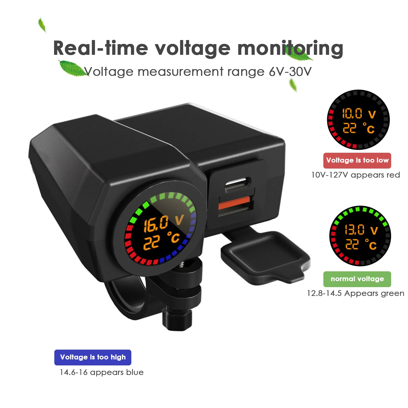 

Motorcycle Charger With Color Screen Temperature And Voltage Display USB TYPE C Charger ABS Material Handlebar Installation