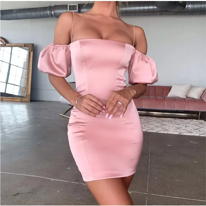 

Elegant off shoulder club Slim dress mujer robe vestido French romance party night lace up bodycon summer dresses women pink top