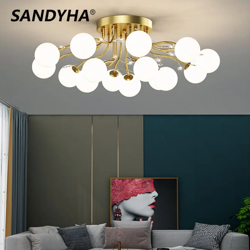 

SANDYHA LED Ceiling Chandeliers Clear Star Milk White Glass Ball Lamp with Crystal Living Dining Room Decor Pendant Lightings