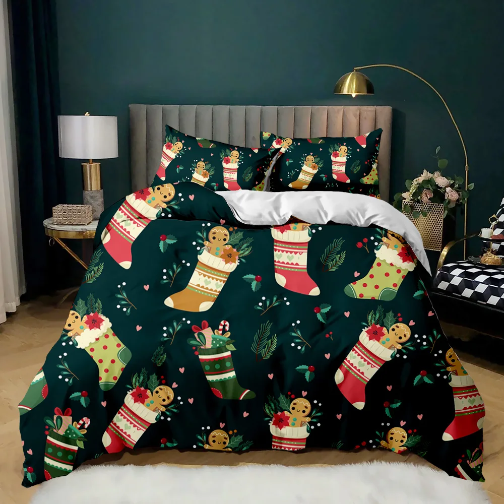 

Christmas Duvet Cover Merry Christmas Tree Stockings Green Background Twin Bedding Set Double Queen King Polyester Qulit Cover