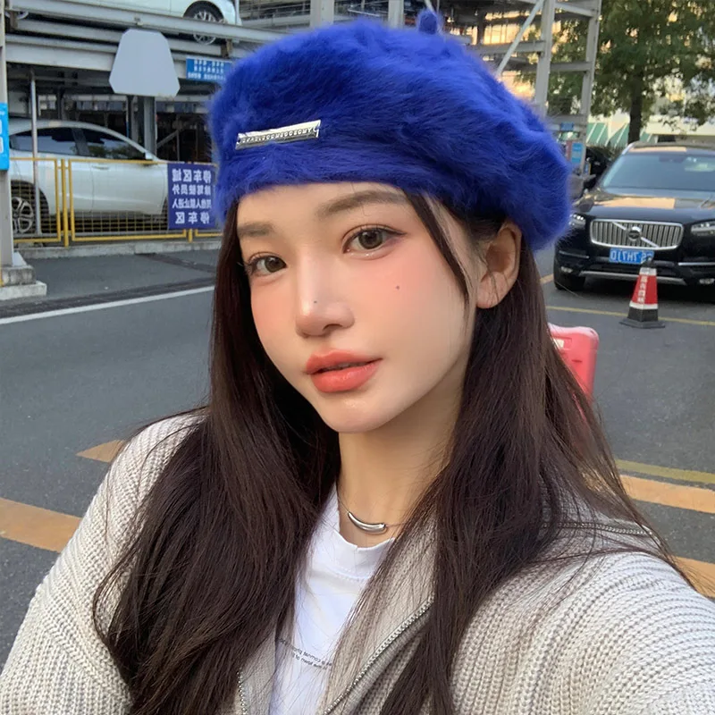 

Japanese Furry Rabbit Hair Beret Women Autumn and Winter Warm Ins Painter Hat Retro Tide All-match Octagonal Cap Accessories