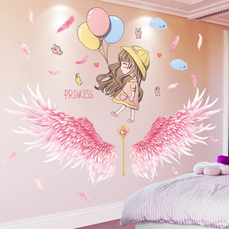 

[SHIJUEHEZI] Feathers Wings Wall Stickers DIY Cartoon Girl Balloons Wall Decals for Kids Rooms Baby Bedroom Home Decoration