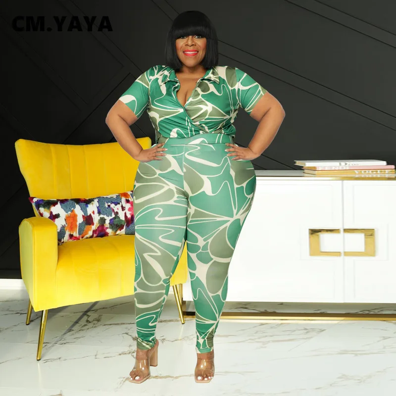 

CM.YAYA Plus Size Elegant Women Two 2 Piece Set Outfits 2022 Summer V-neck Crop Tank and Legging Pants Matching Set Tracksuit