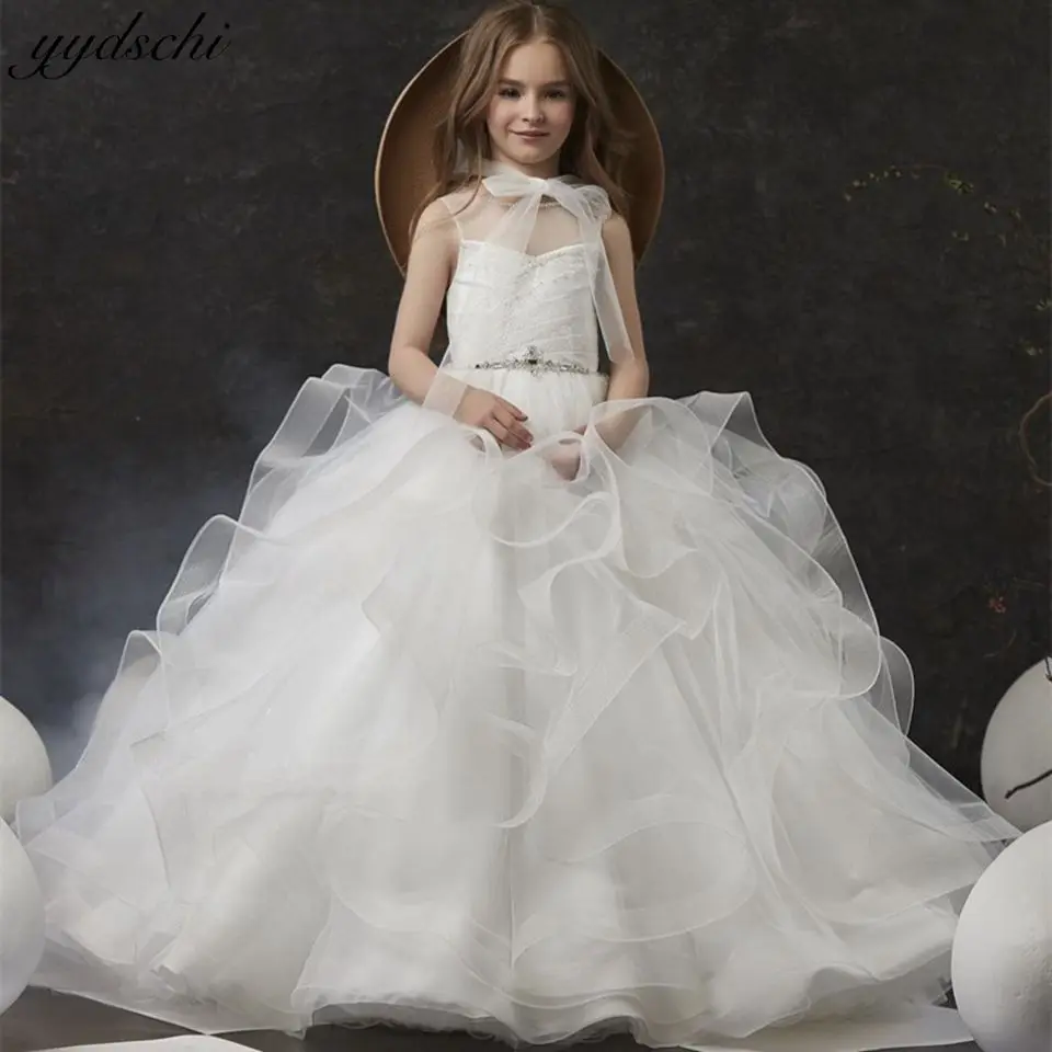 

Elegant White Tulle Ruffles Flower Girl Dresses For Wedding 2023 Sleeveless O-Neck Sparkly Beaded Princess First Communion Gowns