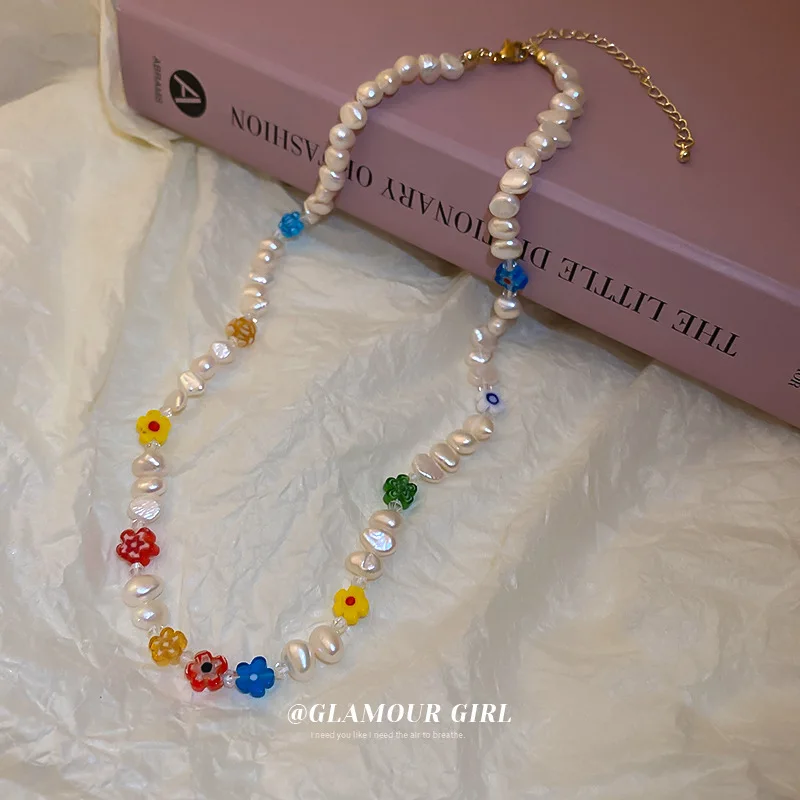 

Minar Korean Rainbow Glass Flowers Pendant Necklace for Women Real Freshwater Pearl Beads Chain Choker Necklaces Holiday Jewelry