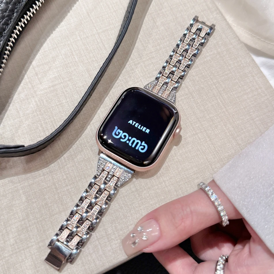 Фото Блестящий позолоченный металлический ремешок для Apple Watch 11 10 9 8 7 6 5 SE 4 Ultra 3 2, женский браслет для Iwatch 38 40 41 42 44 45 46 49 мм №4