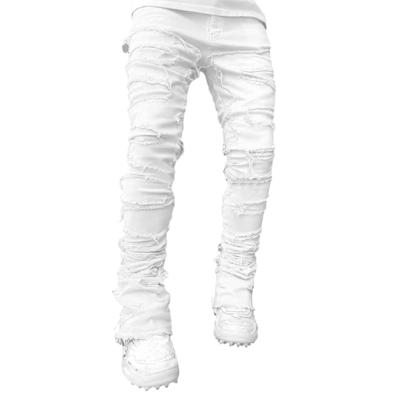 

E15E Mens Stacked Jeans Fit Ripped Jeans Destroyed Straight Denims Pants Vintage Hip Hop Trouser Streetwear