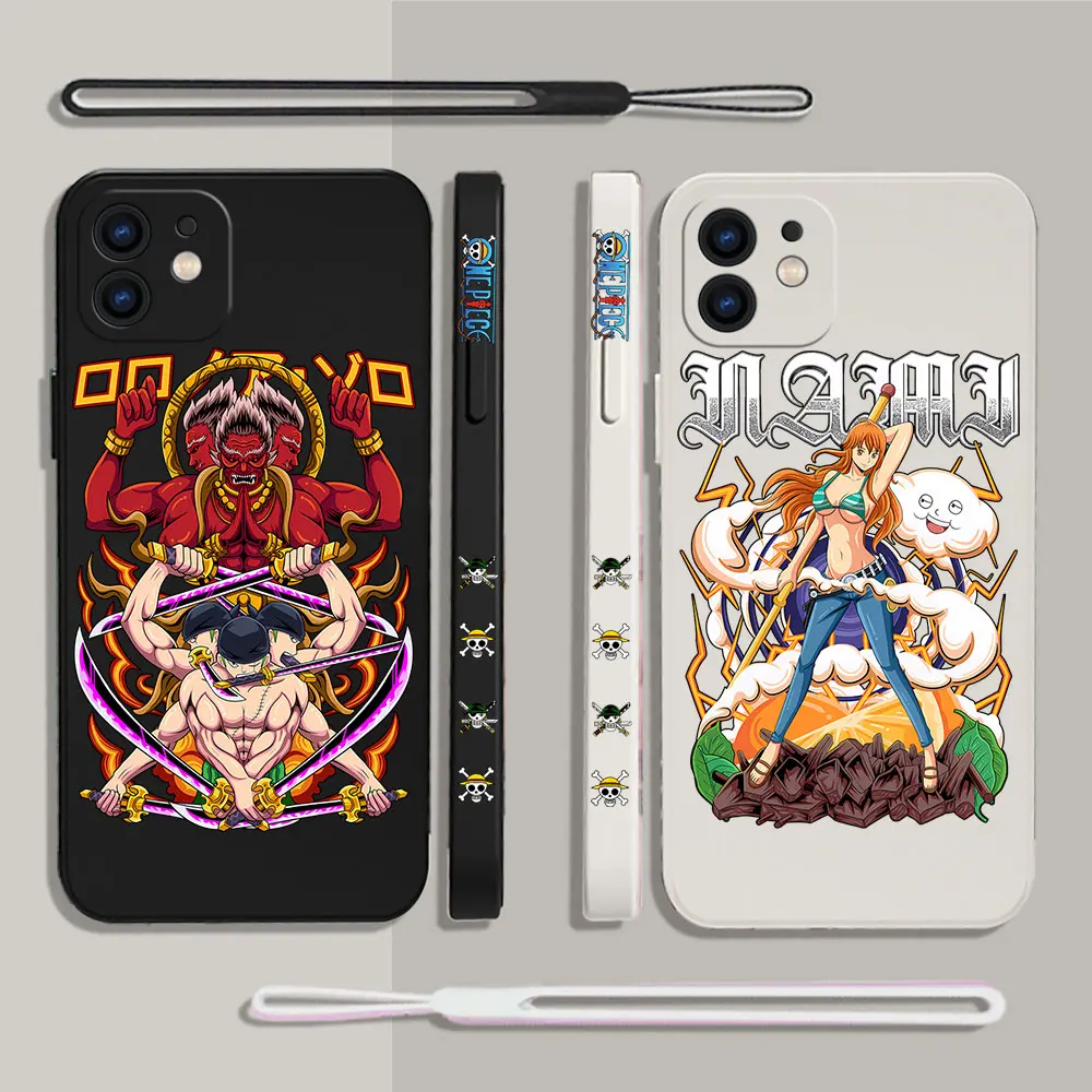 

Ones Pieces Luffys Zoros Namis Phone Case For iPhone 14 13 12 11 Pro Max Mini X XR XS MAX Plus Silicone Cases with Hand Strap