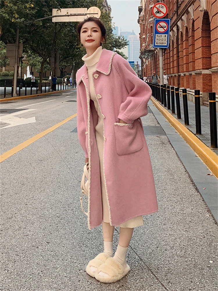 Женское шерстяное пальто элегантное свободное однобортное длинное розового