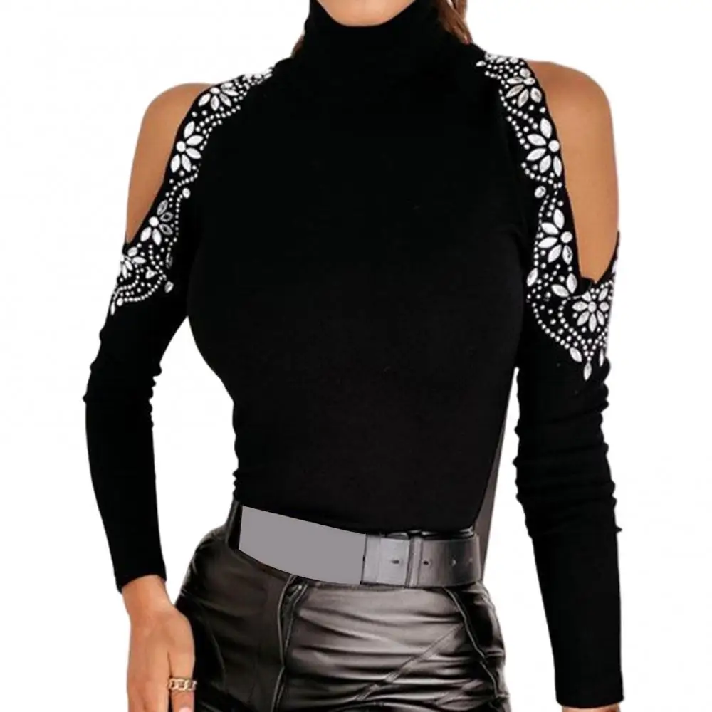 

Women Blouses 2022 Long Sleeve Turtleneck blouse Cold Shoulder Drilling Basic Blouse Pullover Blouse woman Black
