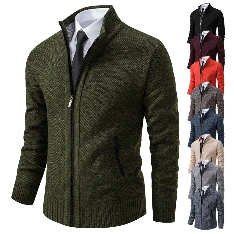 2024 Autumn and Winter New Men's Casual Sports Coat Solid Color Stand Collar Wweater Grab Fleece Warm Zipper Sweaters Cardigan