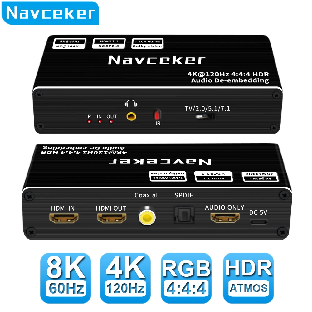 Navceker 8K 60Hz HDMI Audio Extractor 4K 120Hz RGB 4:4:4 HDMI 2.1 Audio Splitter Converter 7.1 Dolby Atmos De-embed for PS5 XBox
