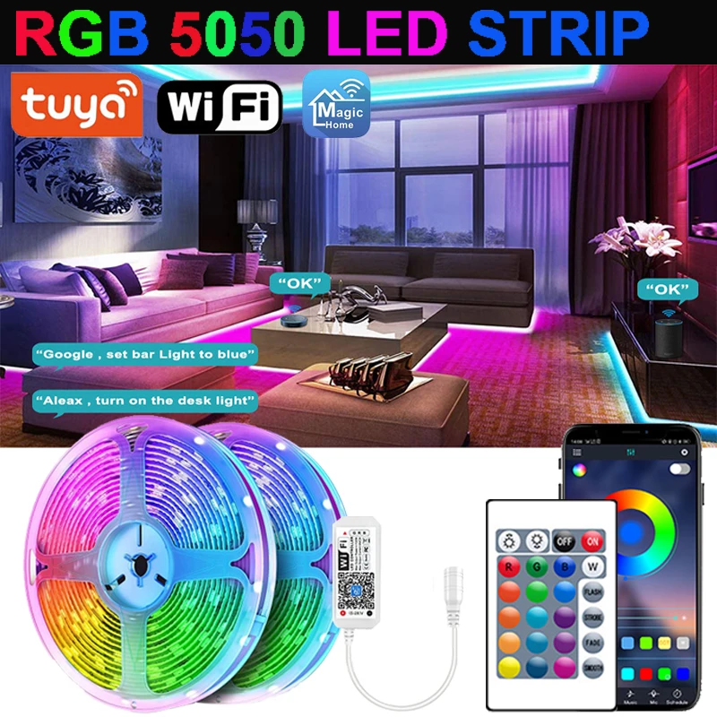 

Tuya Wifi Led Lights Strip Smart Control 24Key Rgb Led Tape 5050 Flexible Neon Strips Alexa Google Lights Decoration