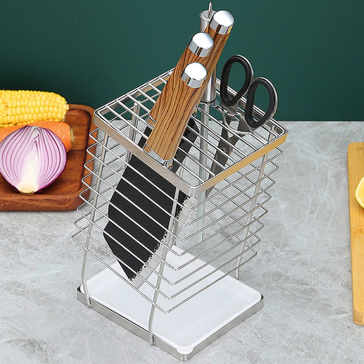 

Kitchen Storage Cutter Holder Stainless Steel Cutters Cutlery Organizer Utensil Storage Rack and Drain Board Universal Cutter