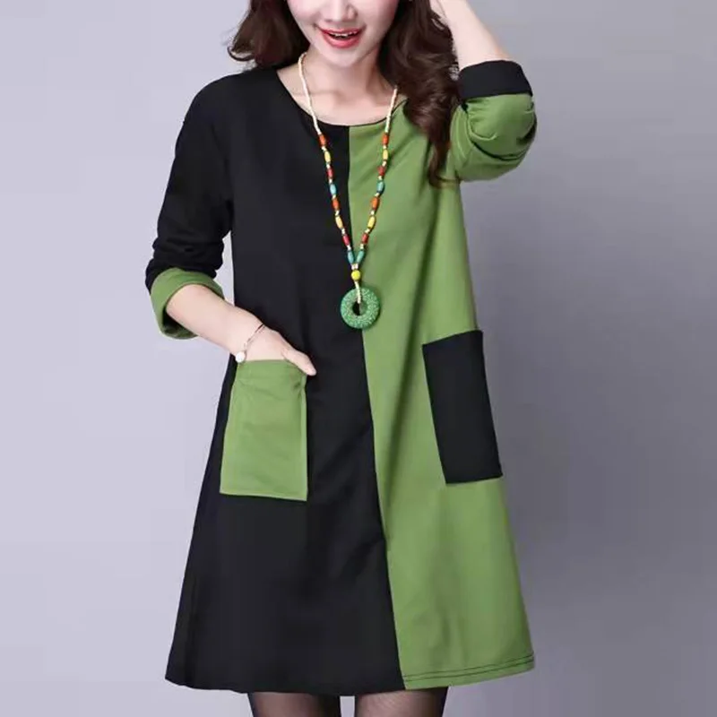 

Fashion O-Neck Spliced Pockets Loose Asymmetrical Casual Dresses Women's Clothing 2023 Autumn New Oversized Korean Mini Dress