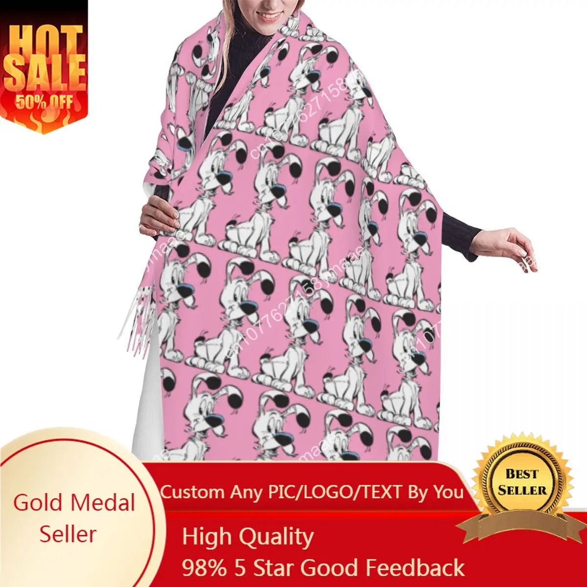 

Custom Lady Large Adventure Manga Getafix Funny Dogmatix Scarves Women Winter Fall Thick Warm Tassel Shawl Wrap Versatile Scarf