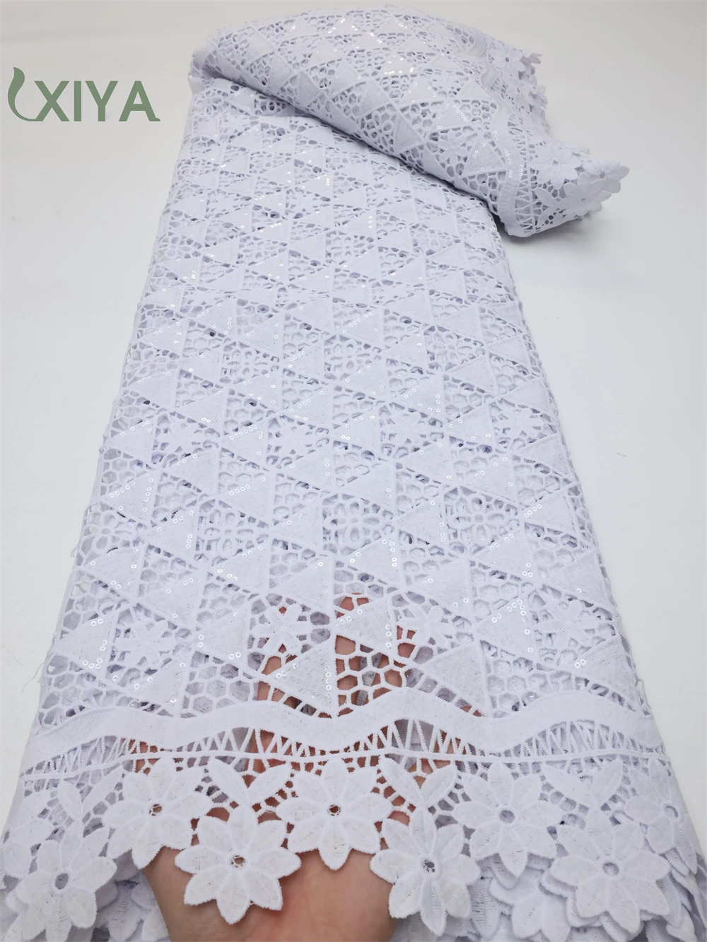 XIYA белый Африканский шнур с блестками, гипюровая кружевная ткань 2023, Высококачественная французская нигерийская кружевная ткань для свадебного шитья LY718