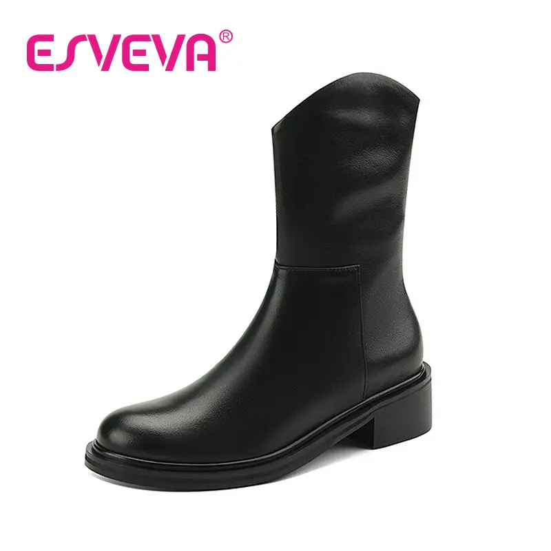 

ESVEVA 2023 Fashion Cow Leather Slip On Ankle Boots Round Toe Simple And Fashion Style All Match Neutral Punk Shoes Size 34-39