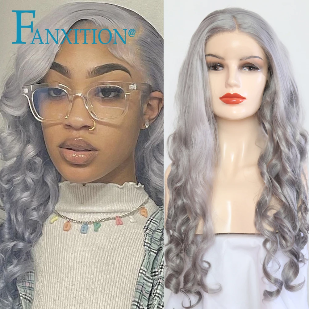 

FANXITION Long Synthetic Lace Wig Cosplay Party Grey Color Body Wave Wigs Heat Resistant Fiber Pre Plucked With Baby Hair