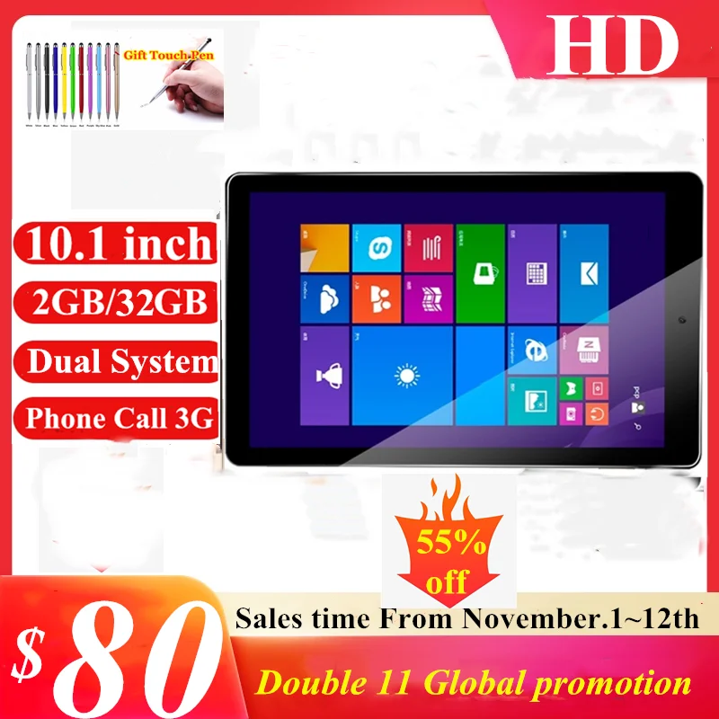 

10.1 INCH 2GB DDR+32GB HD10 3G Phone Call Internet Support SIM Android4.4&Windows 8.1 Tablet WIFI 1920 x1200 IPS Quad Core