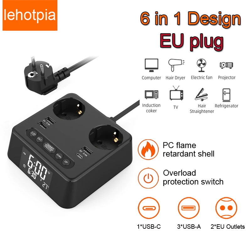 

EU Plug Power Strip Network Filter Electrical Socket Smart Home Overload Protection Charger With Extension Cord USB Type C Ports