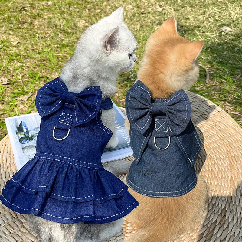 

Denim Clothes for Dog Spring Summer Dog Dress Harness French Bulldog Jeans Cat BowTie Hoodies Small Large Dogs York Skirt